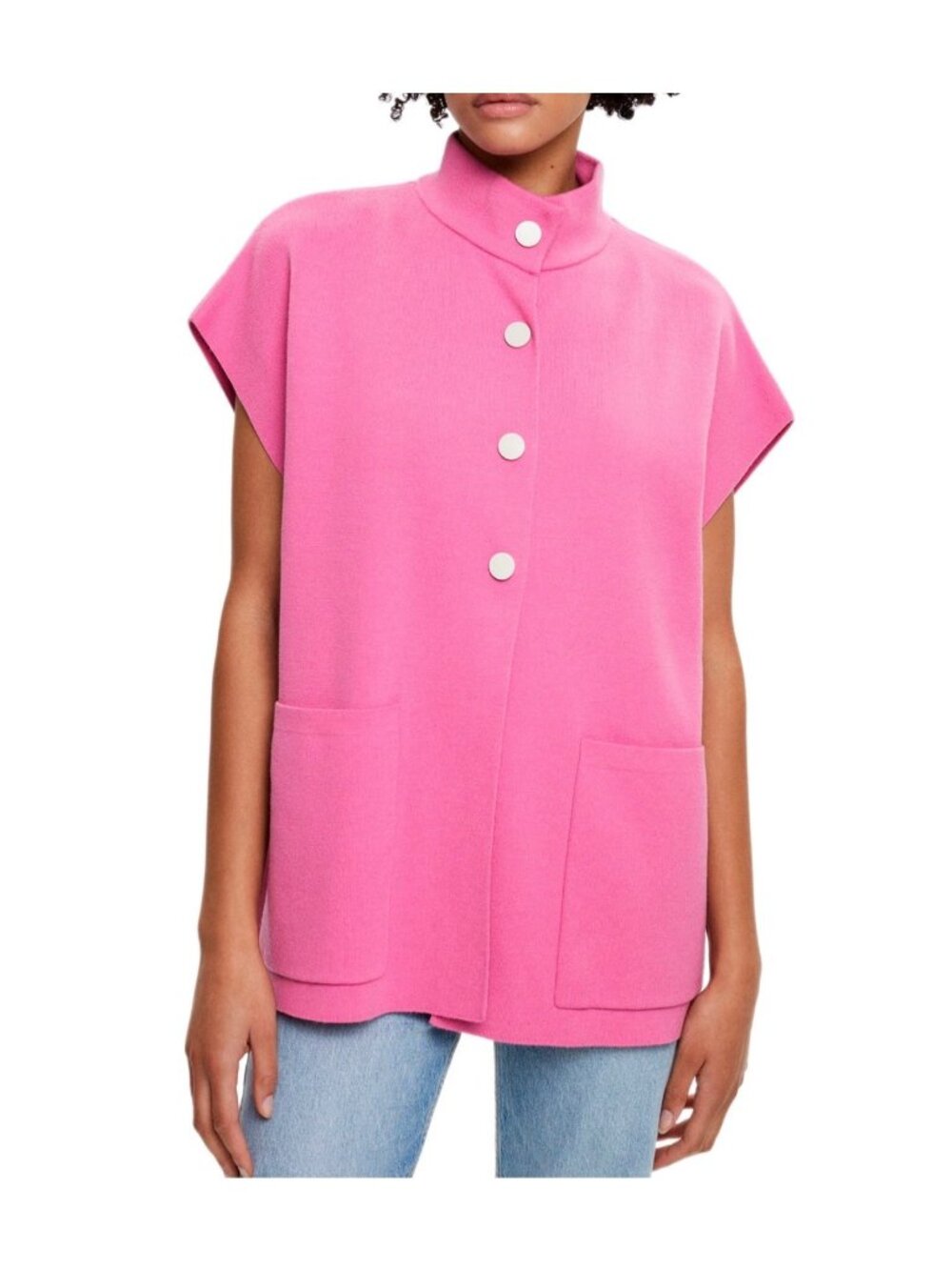 Parfois Pink Knit Cape Poncho Vest Snap Front Mock Neck Patch Pockets Medium